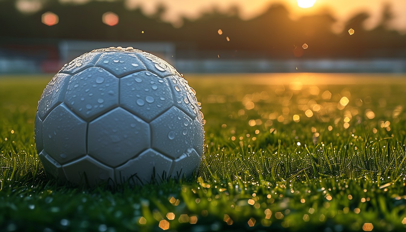 해 질 녘 젖은 잔디 위에 놓인 흰 축구공