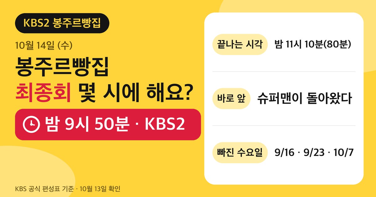 봉주르빵집 최종회 방송 시각 안내 카드. 10월 14일 수요일 밤 9시 50분 KBS2, 끝나는 시각 밤 11시 10분, 80분, 빠진 수요일 9월 16일 9월 23일 10월 7일