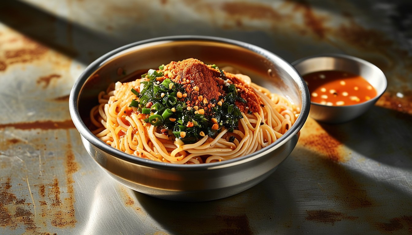 스테인리스 그릇에 담긴 김치 비빔국수 한 그릇