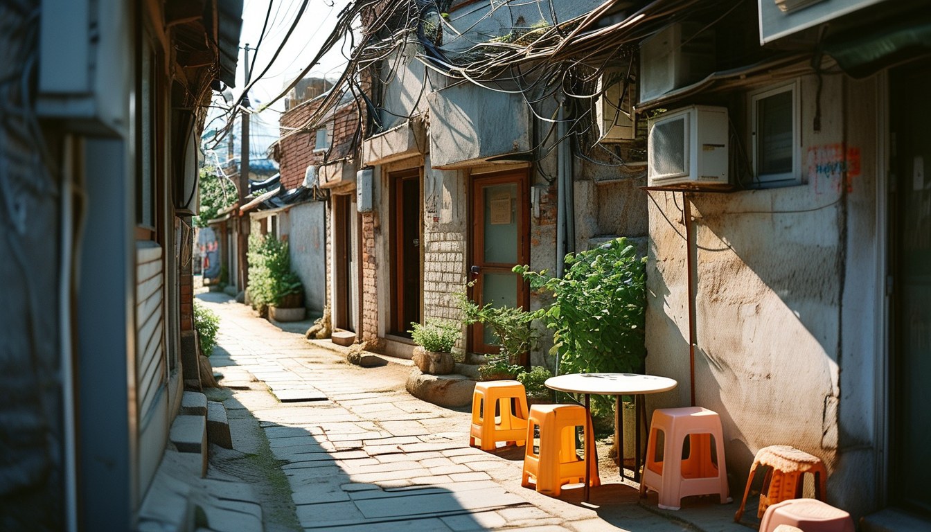 플라스틱 의자와 작은 탁자가 놓인 오래된 골목