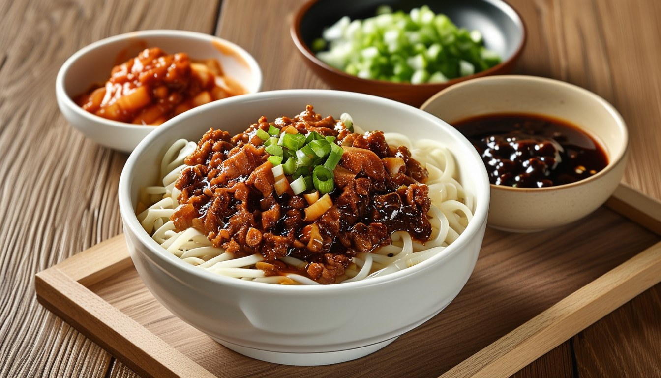 흰 그릇에 담긴 짜장 소스 면 요리와 반찬