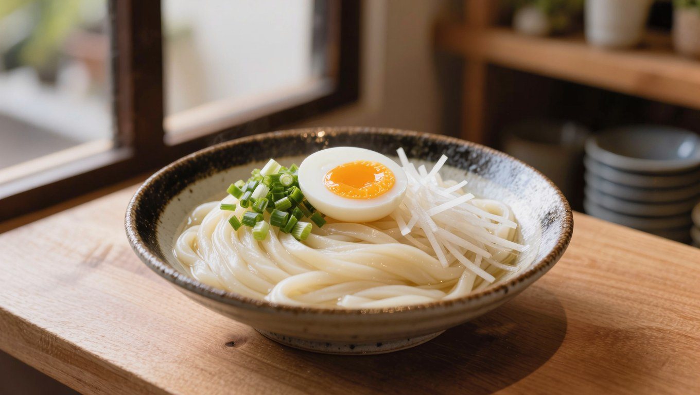 나무 카운터 위 도자기 그릇에 담긴 차가운 우동과 반숙 달걀, 파