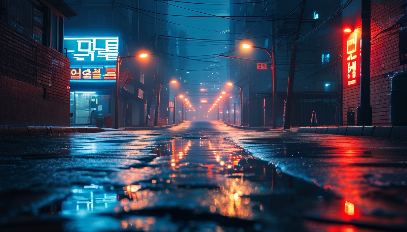 비 온 뒤 네온이 반사되는 밤 골목