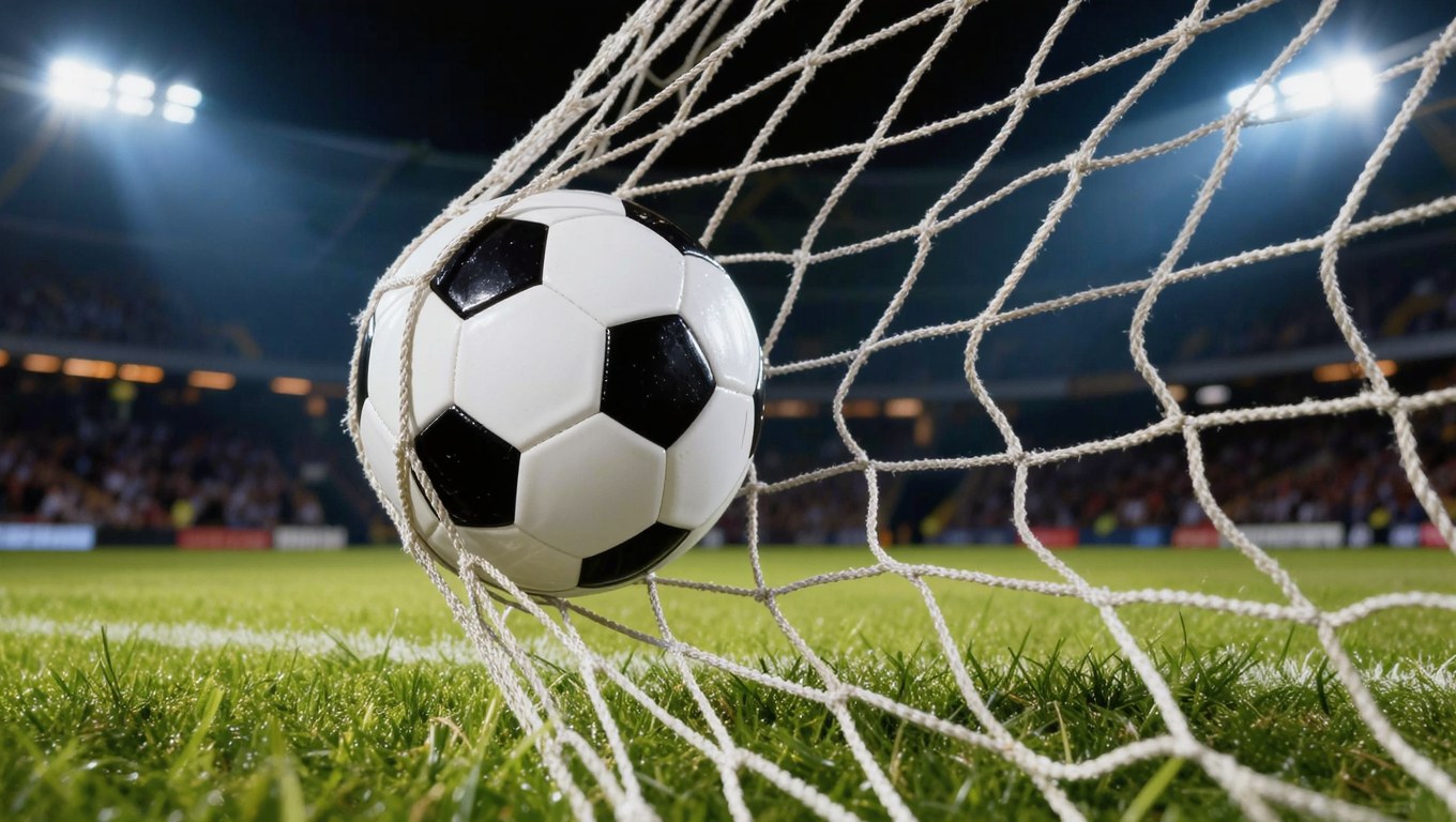 조명 아래 골망에 걸린 축구공
