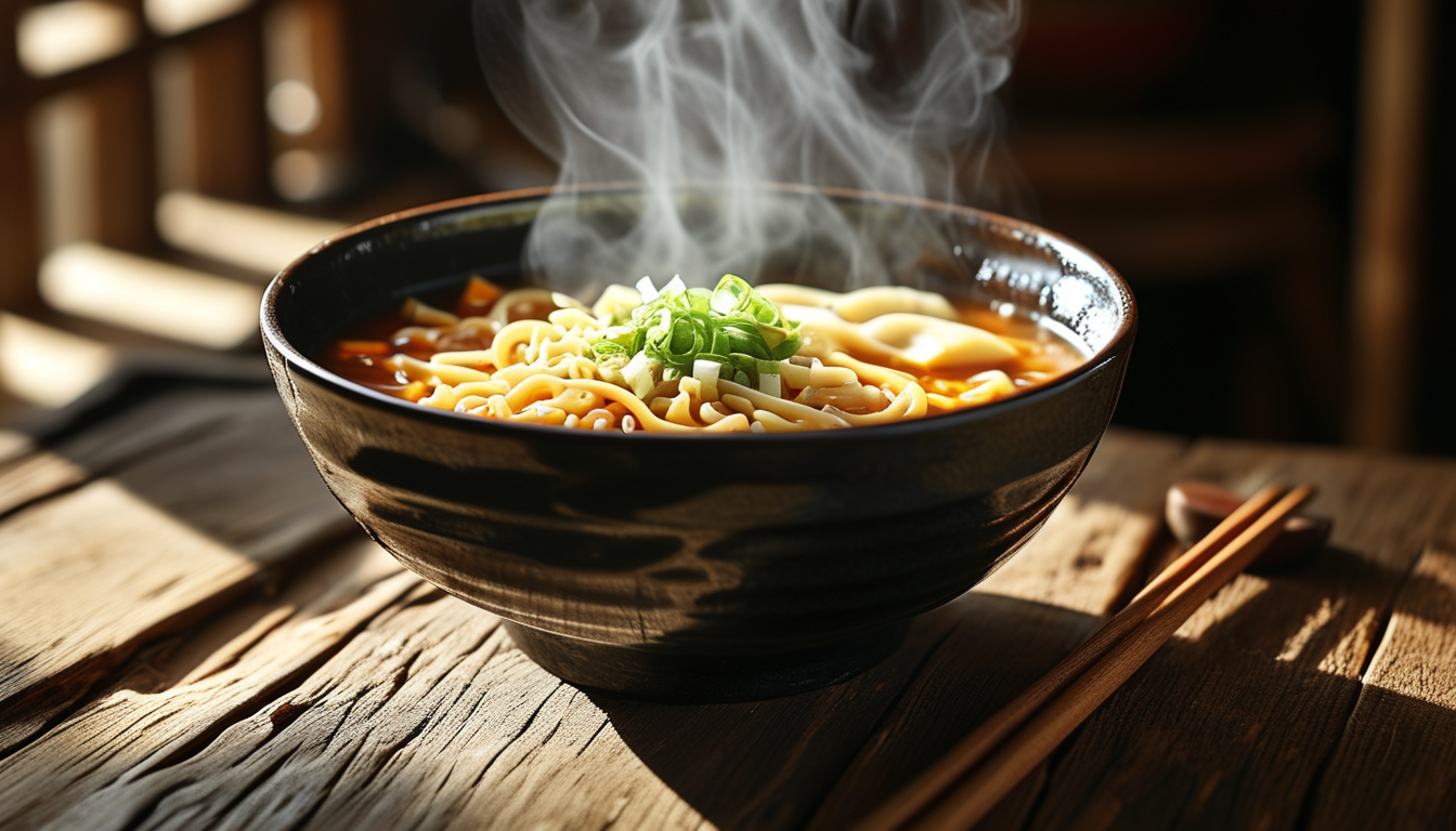 김이 오르는 국수 한 그릇이 놓인 식당 테이블