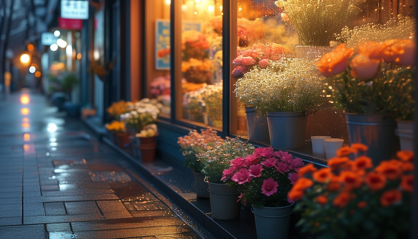 밤거리에 불이 켜진 작은 동네 꽃집 쇼윈도